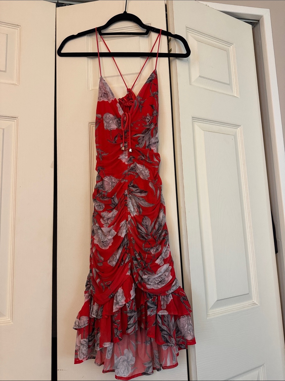 Red Floral Ruched Dress